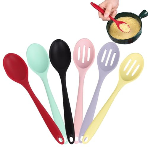 Violotoris 6 PCS Silicone Spoons, Heat Resistant Cooking Spoons Nonstick Kitchen Spoon, Slotted Spoon and Solid Spoon for Cooking Baking Mixing