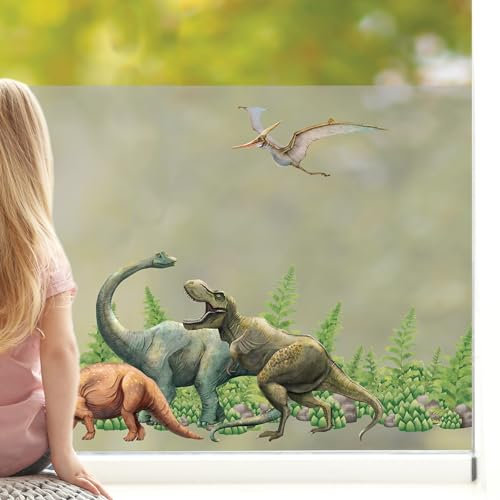 Wandtattoo Loft Sichtschutzfolie Kinderzimmer Jungen mit Dinosaurieren als Motiv, Bunte Fensteraufkleber, Milchglasfolie, Jungen Fensterdeko, Dekoration Fenster Aufkleber, Fensterfolie Blickdicht