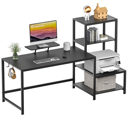 GreenForest Computer Desk 67 inch with Printer Shelf, Reversible Office Desk with Monitor Stand and 2 Hooks, Home Desk Workstation for Study Writing Working Gaming, Black