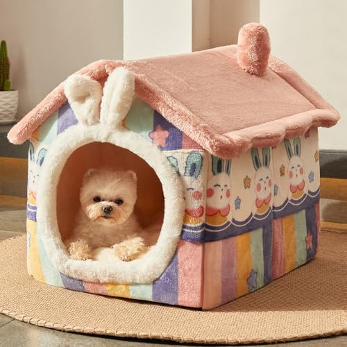 Jiupety Hundehöhle Kleine Hunde mit süßen Hasenohren, Hundehütte Indoor für Kleine Hunde, Hundehaus für Drinnen, Größe L Hundebett mit Dach, Rainbow Bunny