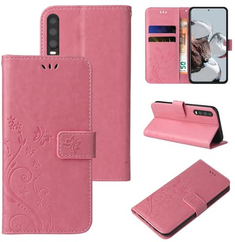 LBH Handy Hülle für Huawei P30 Case Handytasche Schmetterling Blumen Flower Standfunktion Schutzhülle Magnet Rundum Schutz 360 Grad Flipcase Cover Rosegold