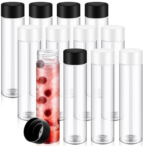 Lallisa 12 botellas de jugo de plástico de 13.5 onzas con tapas, recipientes de jugo transparentes, reutilizables, vacías, botellas sensoriales con tapas blancas y negras para bebidas, batidos, agua,