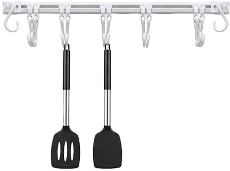 Kitchen Rail with Hooks - Adhesive Kitchen Utensil Hanger | Kitchen Cookware Hanger Bar Wall Hooks Rail Rack Organizer for Towel, Spoon, Coats