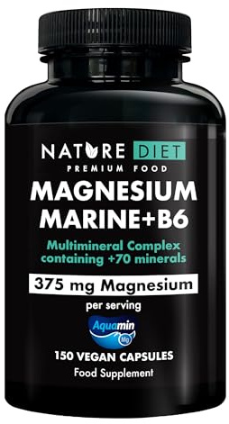 Nature Diet Magnesium Marine + B6, 375 mg Komplex, 150 vegane Kapseln | Hochdosierte Magnesiumkapseln, Multimineral-Komplex mit Aquamin, Unterstützt die Gesundheit von Knochen, Muskeln und Herz