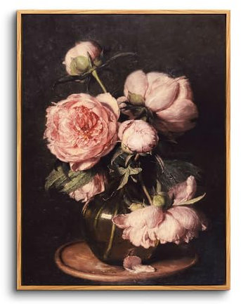 hyidecorart Vintage Leinwand Bilder mit Rahmen Holz, 40x60 cm Klein Wandbilder Wohnzimmer Rosa Pfingstrose Landschafts, Wanddeko Schlafzimmer Gemälde Desktop Badezimmer Büro Zimmer Esszimmer Flur