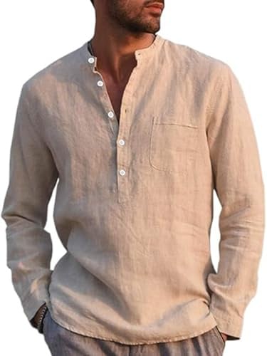 Runcati Camicia da uomo in lino a maniche lunghe, in cotone e lino, per il tempo libero, vestibilità normale, camicia estiva