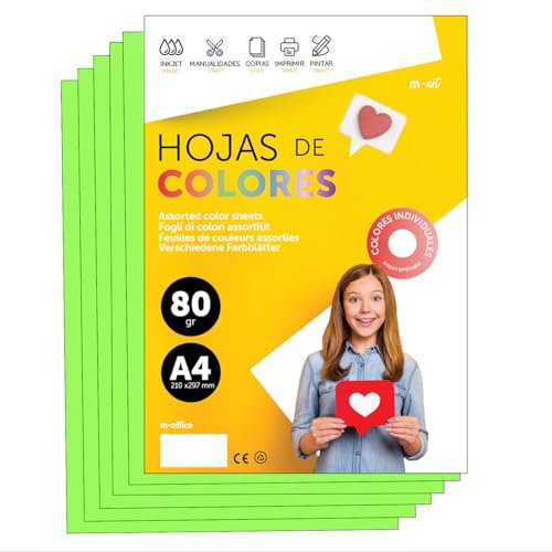Buntes Papier A4 80g für Drucker & Basteln, Farbige Blätter für Kinder, Kreativprojekte, Karten & Schule M-office (50 Blatt, Neongrün)