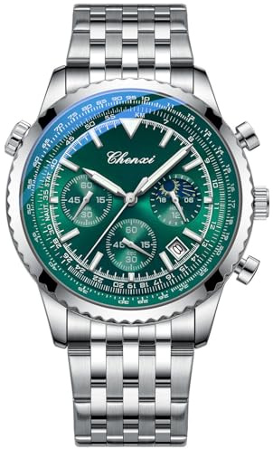 Tiong Herren Business Chronograph - Edelstahl & Lederarmband, Mondphase und Sechshänder - wasserdichte, leuchtende Datumsanzeige Quarzuhr