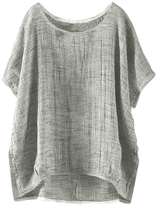 Sommer locker Oversized Leinenbluse Kurzarm Vintage Leichte Bluse Basic Rundhals Damen T-Shirt Lässiges Bequemes Modisch Licht Hemdbluse Lässiges Atmungsaktive Elegante Blusenshirt