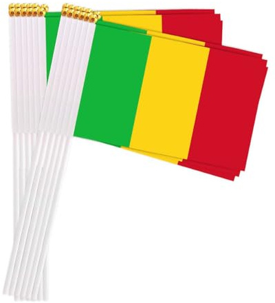 25 Packungen kleine Mali Flaggen auf Handheld Stick, Miniatur Mari Flagge für draußen, 4x6 Zoll Mini Handheld Banner, patriotische (Mali)
