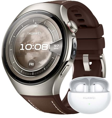 HUAWEI Watch 5, 46mm Smartwatches, + FreeBuds 6i Blanco, Multi-Sensor Revolucionario X-Tap, SpO2 con la Yema del Dedo, Health Glance, Pago NFC, ECG, HRV, eSIM, Marrón