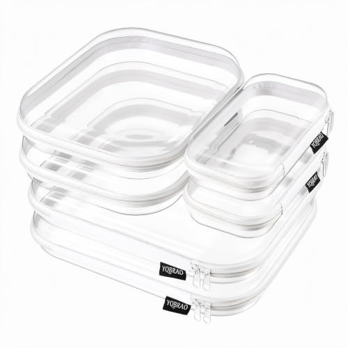 YQBRAO 6 Pack Clear Hard Shell Zipper Case, 1.2mm Heavy Duty Crush-Proof Diaper Bag Organizer Pouches, TSA Approved Travel Makeup Bag for Toiletries & Electronics, (2L, 2M, 2S) Multi-Size Storage Set