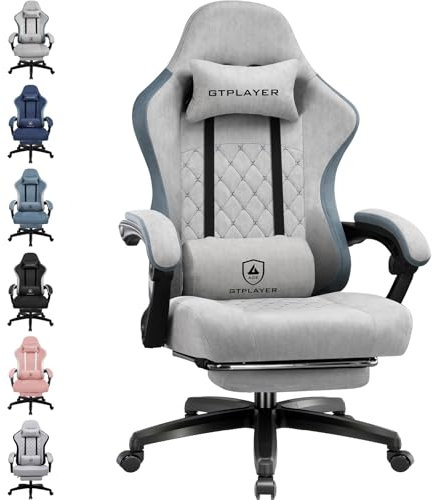 LUCKRACER Gaming Stuhl aus Stoff, Computer Bürostuhl mit Fußstütze, Racing Gamer Stuhl 150kg Belastbarkeit, 90-135° Rückenlehne einstellbar Ergonomischer PC Stuhl, 360° drehbar, Grau