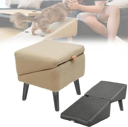 DFANCE Rampe pour Chien Ottomane Divisée,Rampe Légère Tout-en-Un pour Chaise Lit Canapé,Marches pour Animaux De Compagnie,Marches De Porche Extérieur(Color:Kaki (Peluche))