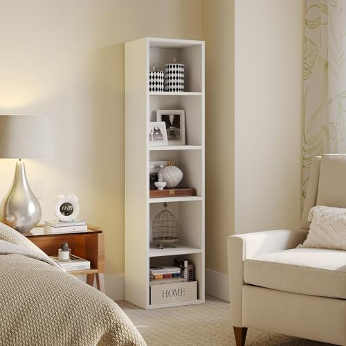 Nordivale Bookcase 5-Tier White Tall Narrow Bookshelf and Bookshelves Floor Standing Display Storage Shelves Rack Tall Cube Storage Shelving Unit for Home Office, Living Room, and Bedroom, 1 Pack
