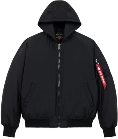 Alpha Industries MA-1 Hooded Oxford Flight Jacket for Men – Bomber Lightweight Nylon Shell – Utility Sleeve Pocket – Rib-Knit Trim – Fleece Hood – Zipper Closure – Military Jacket, Black, L