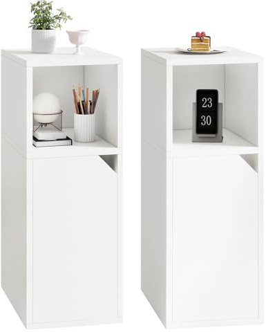 YMYNY Nachttisch 2er Set mit Tür, Schmal, Beistelltisch, Offenes Fach, Einstellbare Innere Ablage, B24 x T29 x H62 cm, Nachtschrank aus Holz, für Schlafzimmer, Wohnzimmer, Weiß HST016W-2