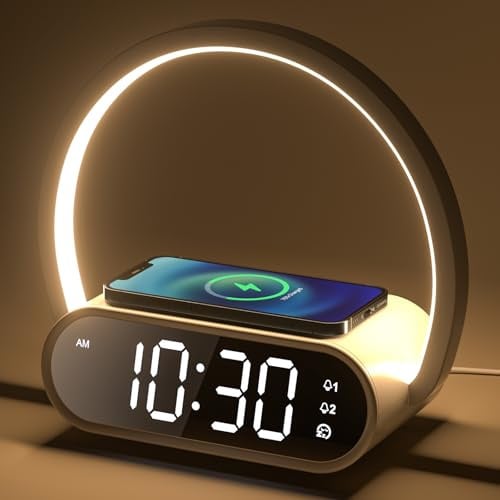 VOSFEEL Nachttischlampe Touch Dimmbar mit Wecker, Tischlampe mit Ladefunktion Wireless Ladegerät, Nachtlampe 4 Stufige Helligkeit USB-Ausgang für Schlafzimmer Wohnzimmer Buro