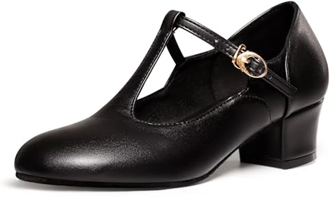 Asyusyu Zapatos de baile estándar para mujer, planos, 3 cm, correa en T, color negro, Negro , 41 EU