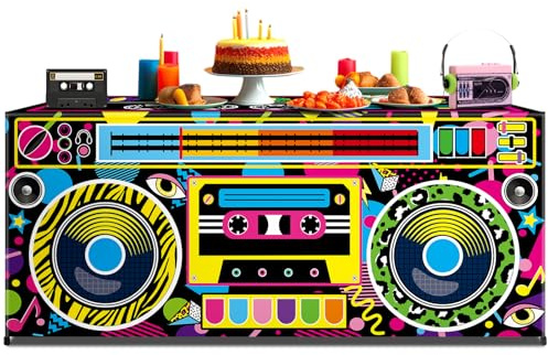 6 Ft 80s 90s Theme Tablecloth Classic Radio Boombox Table Cover Back to 80s 90s Party Decorations Washable Fabric Polyester Hip Hop Rectangle Tablecloth Protector for Birthday Party Decors Supplies