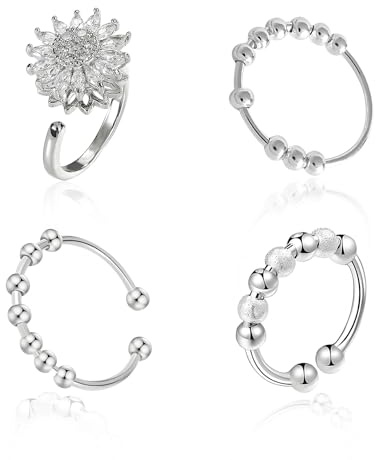 ElevaPulse 4 Stück Anti Stress Ring Damen Set Silber Einstellbar Anxiety Ring Mit Drehbaren Perlen Und Sonnenblume Diskretes Panikattacken Hilfsmittel Für Frauen Alltag