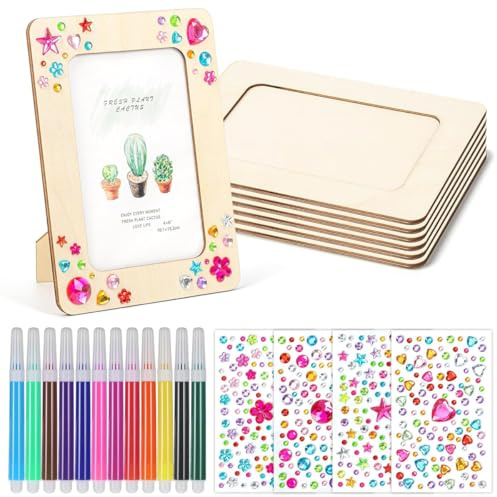 TAIHE Bilderrahmen Holz Set 6 Stück, DIY Holzbilderrahmen Bilderrahmen mit 4 Sorten Glitzersteinen, Holzrahmen Leerrahmen zum Bemalen für Kinder Geburtstage 20x14.8cm