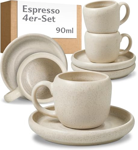 Cosumy 4er Set Espressotassen Weiß 90ml Steingut – mit Untertassen – Mokka