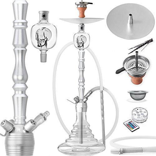 DILAW® Shisha Set Vatos 93cm Aluminium Wasserpfeife Hookah Profi Zubehör Komplett-Set bis 4-Anschlüsse inkl. LED Licht, Kaminkopf, Molassefänger, Silikonschlauch, Alu Mundstück, Tonkopf, Kaminaufsatz
