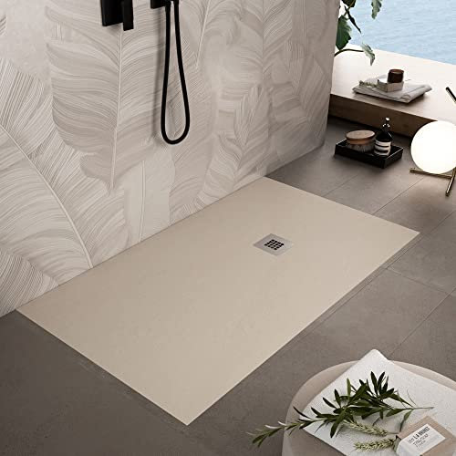 Receveur de douche en résine de marbre effet pierre ciment Crème PLUS - 80 x 90