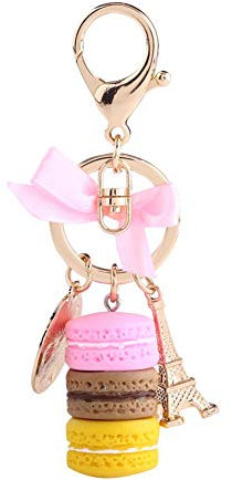 Walfront Schlüsselanhänger Paris Macaroon Eiffelturm Schlüssel Süße Ringe Schlüsselbund Tasche Anhänger Bunte Gold Metall Schlüsselring Keychain tool für Damen Mädchen(Pink)