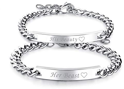 JewelryWe Schmuck 2pcs Edelstahl Partnerarmband, Lieben Freudschaftsarmband Geschenk, Panzerarmband Panzerkette Armband Pärchen Armreifen mit Gravur His Beauty und Her Beast für Herren Damen