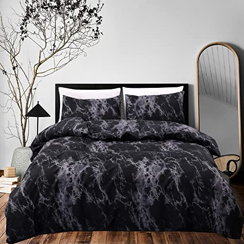 Bettwäsche 200x220 cm Marmor Muster Bettdeckenbezug Doppelbett Schwarz Grau Anthrazit Rot Bettbezug Set Weiche BettwäscheSet Moderne Kuschelig Bettgarnitur mit 2 Kissenbezüge 80x80 cm Reißverschluss