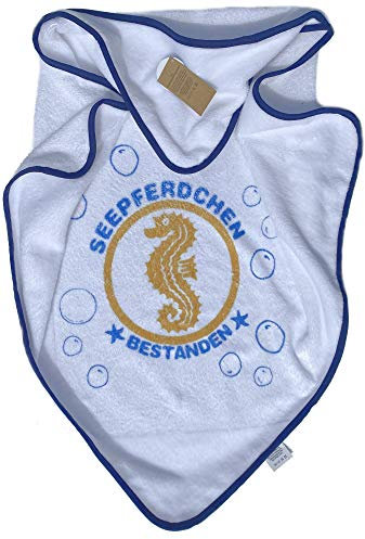 Coole-Fun-T-Shirts Seepferdchen Bestanden ! Kinder Handtuch mit Kapuze Schwimmen Lernen Schwimmunterricht Weiss Kapuzenhandtuch Poncho 75X75 cm