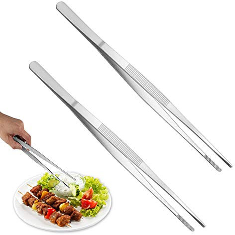 Meirrnyyu 2 PCS 12 Inch Stainless Steel Tweezer Tongs, Kitchen Cooking Tweezer Tongs with Precision Serrated Tips for Baking, Decorating, Beauty & Sea Food
