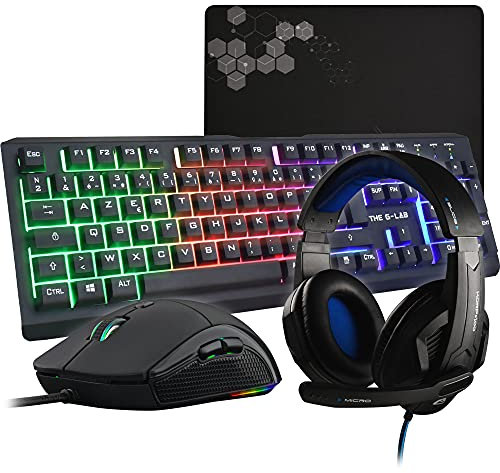 The G-Lab Combo Selenium - Ensemble Gaming 4 en 1 - Clavier Gamer AZERTY Rétroéclairé, Souris Gamer 3200 DPI, Micro Casque Gaming, Tapis de Souris - Pack Gamer PC PS4/PS5 Xbox One/Series X