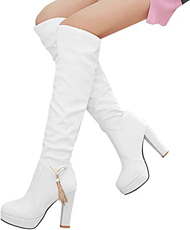 LLDG Damen Langschaft Stiefel Mode High Heel Boot Overknee Plateau Mit Blockabsatz Vintage Hohe Ritterstiefel Zum Schnüren Plattform Reitstiefel Elegante Kleid