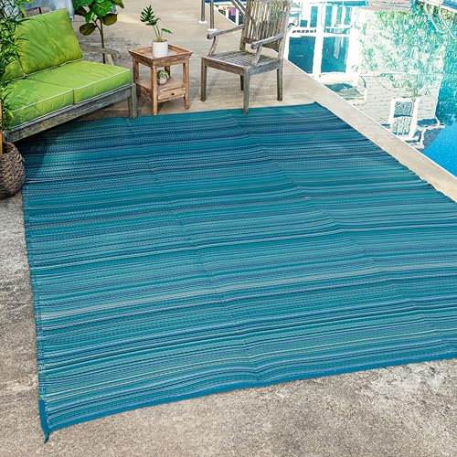 FH Home Outdoor Camping-Teppich - wasserfest, farbecht, wendbar - recycelter Premium-Kunststoff - Gestreift - Terrasse, Veranda, Wohnmobil, Campingküche – Havanna - Türkis - 270 x 360 faltbar