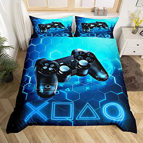 Homemissing Gaming - Funda nórdica para niños, juego de vídeo, juego de cama, 220 x 240 cm, consola de juegos Honeycomb, decoración de dormitorio hexagonal geométrica, con 2 fundas de almohada