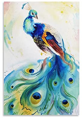 Kunstposter mit Tiermotiv, Aquarell, schöner Pfau, dekoratives Gemälde, Leinwand, Wandkunst, Wohnzimmer, Schlafzimmer, Gemälde, 60 x 90 cm