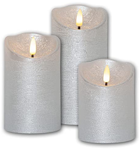 LED Echtwachskerze 3D FLAMME RUSTIC 3er Set, silber, Timer, Höhe 1x 10cm/1x 12,5cm/1x 15cm, Durchmesser 7,5cm, batteriebetrieben, Flackereffekt