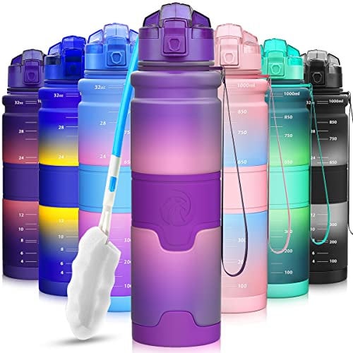 ZORRI Water Bottles, BPA Free Leakproof 32oz 1 litre Eco Friendly Tritan Bottle for Kids & Adults| for Gym, Yoga, Sports & Outdoor| With Fruit Infuser, Brush| 1-Click Flip Top Lid