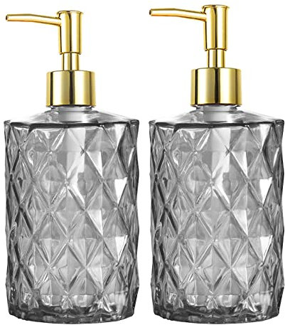 HOHAOO Versatile Glass Soap, 14 Oz Dripless Pump Bottle, Refillable Liquid Hand Jar Dispenser for Bathroom, Countertop, Kitchen, Laundry Room(2 Pack, Grey-Diamond Streak