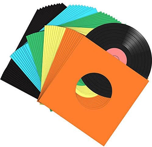 50 Pieces Paper Vinyl Record Sleeves 45 RPM Protection Paper Covers for Singles Records Square Record Sleeves Outer Album Covers Vinyl Jacket Covers with Holes for Storage (7 Inch)