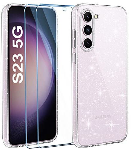 AROYI [3 in 1 Klar Glitzer Handyhülle Kompatibel mit Samsung Galaxy S23 5G Hülle Glitzer mit 2 Stück Schutzfolie, Handyhülle Samsung S23 5G Transparent Weiche TPU Silikon Case [Anti-Yellowing]