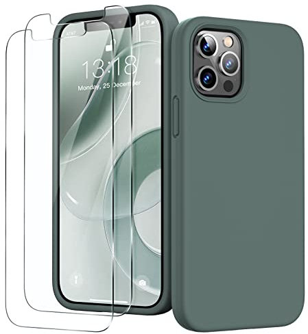 GOODVISH 3 in 1 for iPhone 12 Pro Max Case Liquid Silicone with 2x Screen Protector, Anti-Scratch Full covered Microfiber Lining Shockproof Protective Slim Phone Case Cover 6.7, Pine Green