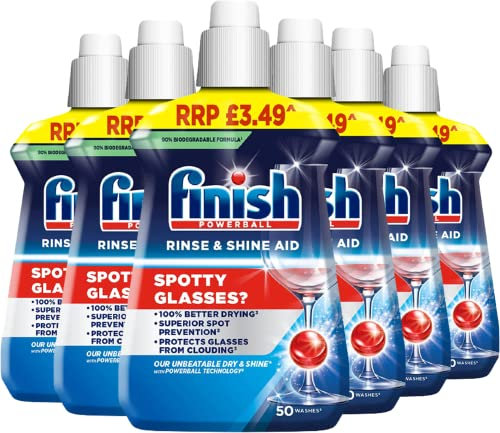 Finish, Dishwasher Rinse Aid, Rinse & Shine Cleaner, 250ml (Bulk Pack of 6, Total 1.5L), Ultimate Clean & Diamond Shine, Glass Protection, Spot Prevention, Better Drying vs Finish Detergent Alone