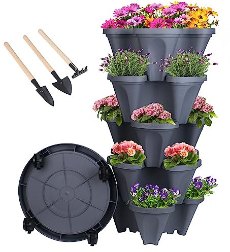 Vertikaler Übertopf mit 5 Ebenen, stapelbar, für den Garten, Erdbeere, Kräuter, Blumen und Gemüse, Pflanzgefäß, für drinnen und draußen, Gartentöpfe mit abnehmbaren Rädern und Werkzeugen