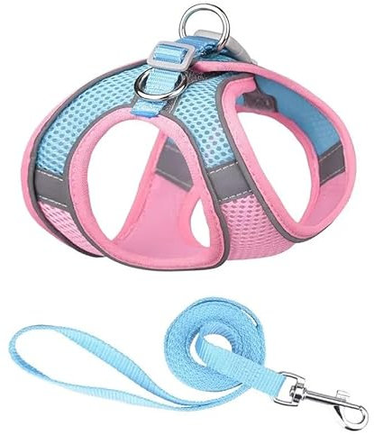 Hundegeschirr mit Leine, Step-in Weich Gepolstert Geschirr Reflektierend, Air-Mesh Atmungsaktiv Brustgeschirr, Welpengeschirr für Kleine Hunde, Haustiere, Welpen, Katzen (rosa-blau, Größe: M)
