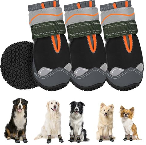 SlowTon Hundeschuhe Pfotenschutz, 4 Stück wasserdichte Hunde Schuhe Outdoor mit rutschfester Sohle, reflektierendem Klettverschluss Hundestiefel für kleine mittlere große Hunde Winter(Schwarz, Size 4)