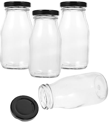 UPKOCH 4 Pièces Bouteilles De Jus En Verre Vides Avec Bouchons Cruches À Lait En Verre 200 Ml Bouteilles D'emballage De Boisson Récipient À Emporter Avec Couvercles Inviolables Pour Les
